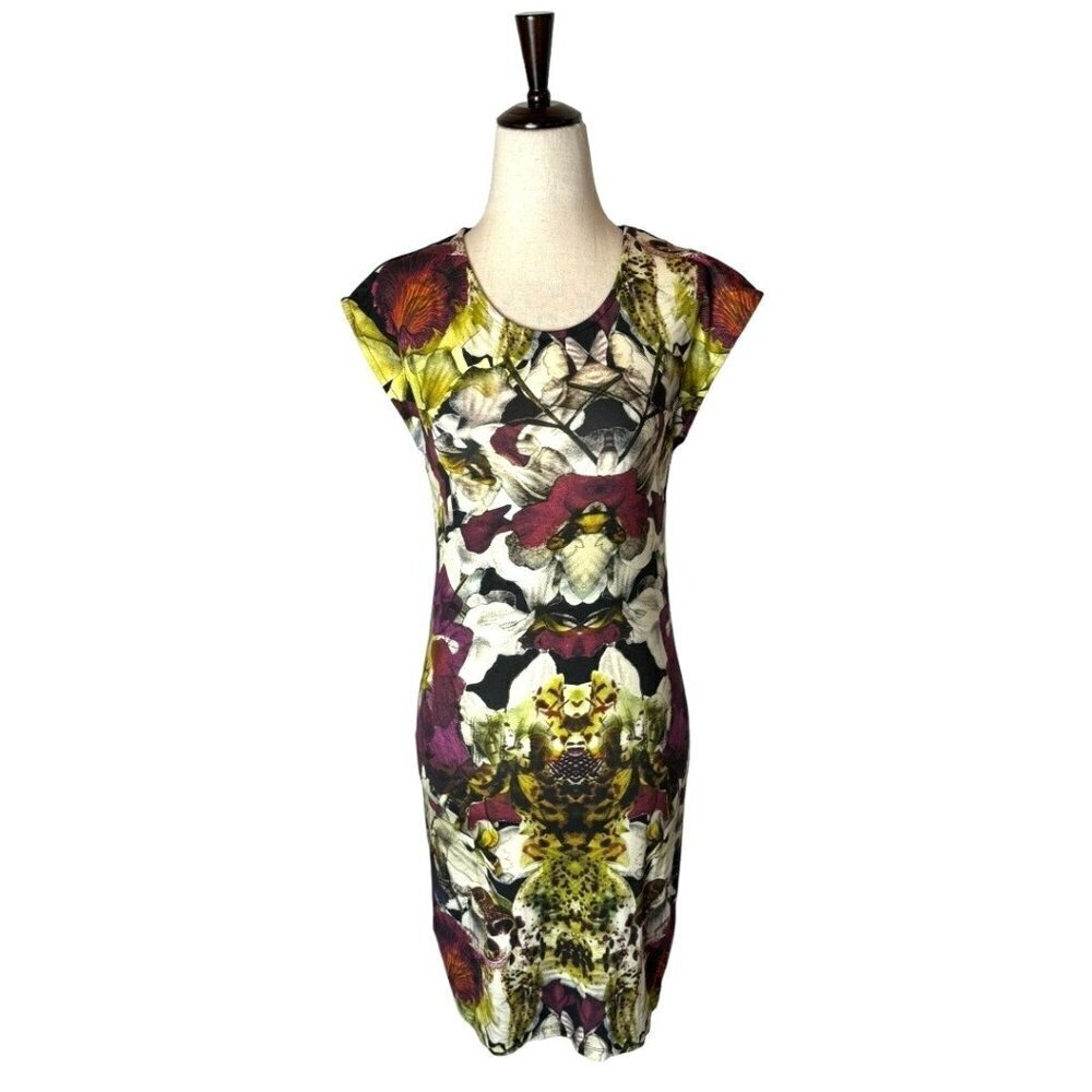Ted‎ Baker Jersey Knit Abstract Floral Dress Women Small Crew Neck Sheath Artsy